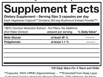 Supplement facts for Byrne's Organics Turkey Tail capsules